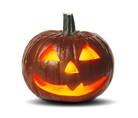 Halloween jack-o-lantern isolated on white. Pumpkin with carved spooky face