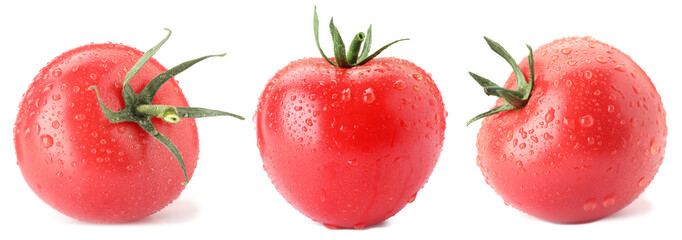 Fresh ripe tomatoes with water drops isolated on white, set