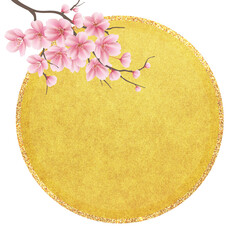 Retro gold round frame background with cherry blossom branches