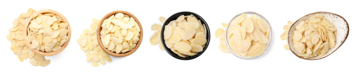 Almond slices in bowls isolated on white, set. Top view