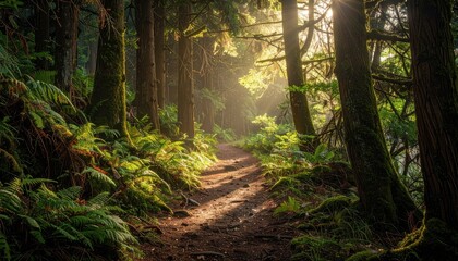 Obraz premium Sunlit Forest Trail Through Lush Green Woods with Golden Light Rays and Mossy Trees