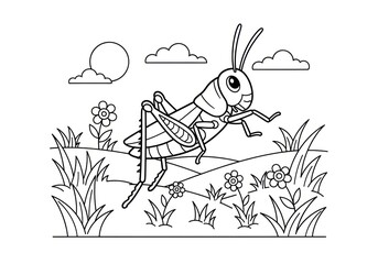 Naklejka premium Detailed Black and White Illustration of a Grasshopper in a Field.