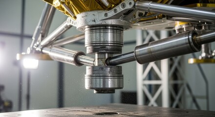 Detailed focus on hydraulic pistons in a lunar lander leg as it undergoes repetitive drop tests on a heavyduty test tower.