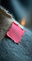 Close-up of a textured fabric patch.  A vibrant pink square patch is affixed to a piece of cream and dark-grey fabric.  Frayed edges and a shallow depth of field emphasize the patch