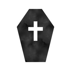 A coffin silhouette illustration with a cross, designed with a watercolor texture