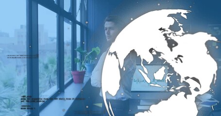 Man by window launching rotating globe covering office then revealing chart for data visualization - Powered by Adobe