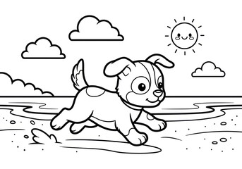Playful Puppy Coloring Page - A Sunny Day at the Beach.