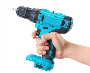 A person's hand tightly grasps a teal and black cordless drill, isolated on white