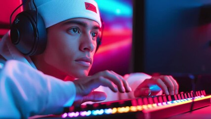 Teenage boy with headset concentrates while tapping keyboard, illuminated by neon lights, adjusting posture and leaning closer to monitor with serious focused expression - Powered by Adobe