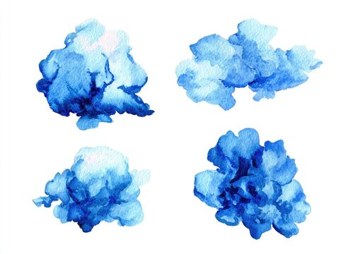 Four abstract watercolor cloud-like shapes in varying shades of blue on a white background
