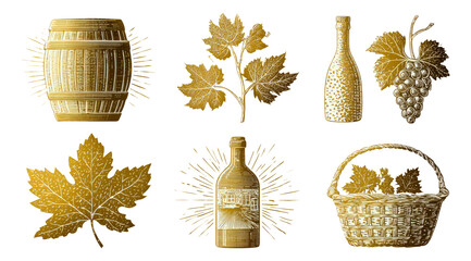 Gold Elements of Wine Making with Barrel, Grapes, Leaves, and Basket Illustrations