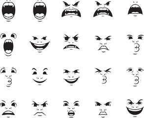 Collection of Black and White Cartoon Face Emoticons Expressing Various Emotions emoji expression