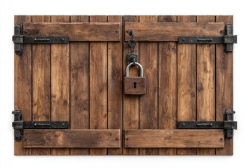 Weathered wooden shutters, secured by a padlock, against a white background