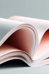 Close-up of open pages, soft peach and off-white.  Curved, layered sheets.  Studio shot, smooth textures