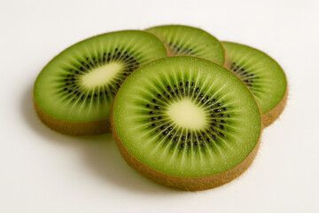 Sliced kiwi fruit showing green flesh and black seeds