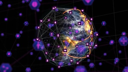 Initiating Earth in 3D purple mesh, icons materializing and orange streams linking global nodes - Powered by Adobe