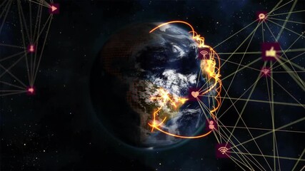 Globe rotating while glowing arcs emerging from East Africa linking to wifi icon, showing links - Powered by Adobe