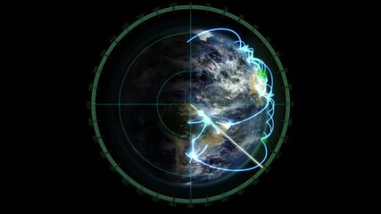 Slender white beam initiating clockwise radar sweep on half-lit globe while blue arcs mapping links - Powered by Adobe