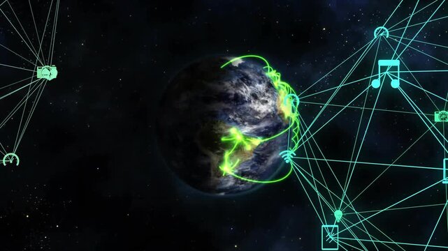 Network grid launching green streams toward Earth then reversing flow while showing data exchange