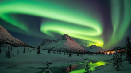 Green aurora borealis arcs across dark starry winter sky Snow-capped mountains frosted evergreens river reflecting ethereal lights form magical scene with distant warm glows - Powered by Adobe