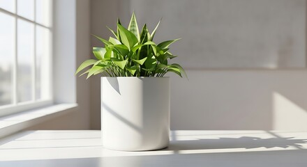 Fototapeta premium Green Indoor Plant in White Pot on Windowsill in Bright Modern Room