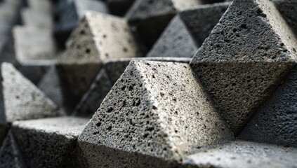 Close-up of a textured wall composed of interlocking, triangular prisms.  Dark gray and light gray stones create a pattern