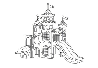 Naklejka premium Outline drawing of a castle-themed playground with slides and towers, perfect for coloring books.