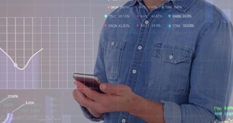 Analyst tapping smartphone screen in studio, animating graphs analyzing real-time stock performance - Powered by Adobe