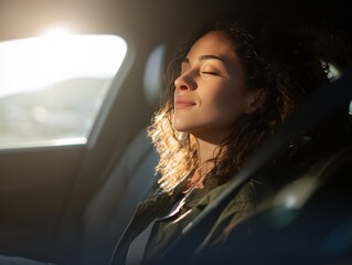Relaxed driver in modern vehicle cabin experiencing zen like tranquility, automotive interior perfect for stress free comfortable transportation lifestyle and mindful journey meditation wellness.