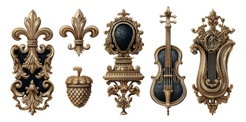 Ornate Decorative Elements in Gold and Black on Isolated Transparent Background