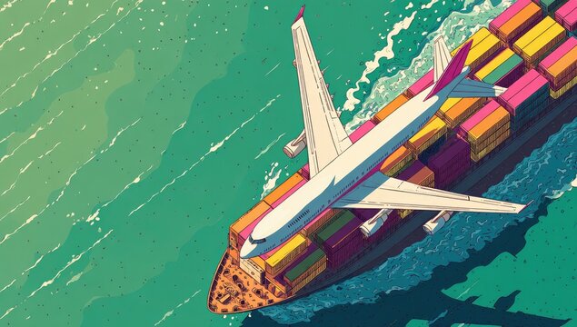 An overhead, stylized view of a cargo plane atop a container ship at sea, with vibrant colors - Powered by Adobe