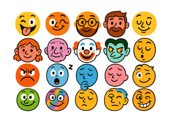 Obraz premium Colorful collection of diverse cartoon faces expressing various emotions