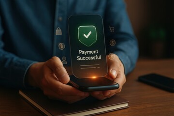 Man holding smartphone with holographic payment successful shield icon showing digital transaction confirmation  
