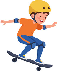 Fototapeta premium Cartoon Illustration of Joyful Boy Skateboarding with Safety Gear in Action