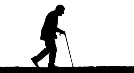 Silhouette of an elderly man with a cane walking across a grassy field against a white background