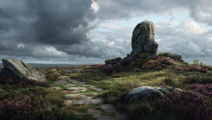 Weathered stones and a path through a grassy moor under a dramatic cloudy sky