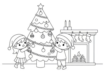 Children Decorating Christmas Tree by Fireplace.