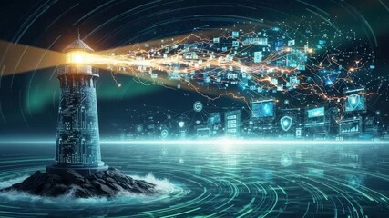 circuit lighthouse on rocks beams data across cybernetic ocean illuminating sprawling network of glowing screens secure interfaces and interconnected nodes under starry digital sky - Powered by Adobe