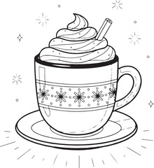 Detailed Outline Drawing of a Hot Beverage with Whipped Cream Keywords: hot chocolate, coffee