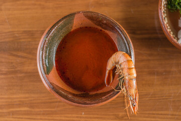 Spicy Mexican Shrimp Soup (Caldo de Camaron) in a Red Chili Broth