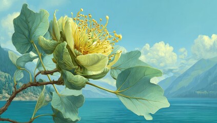 A large flower and foliage with a mountainous backdrop, over a tranquil blue lake