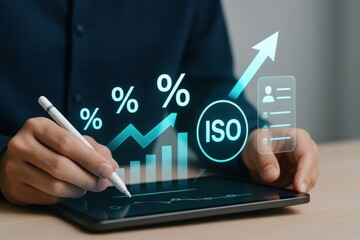 Businessman using tablet with holographic ISO certification chart showing compliance, quality assurance and performance  
