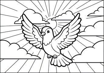 Dove Flying in Sky with Clouds and Sun Rays Coloring Page.