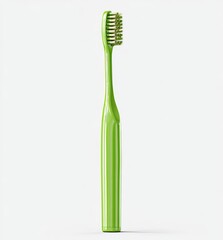 A bright lime green toothbrush, with a light gold/bronze colored bristles, stands upright against a plain white background.  The toothbrush is modern in design, with a smooth, slightly textured handle