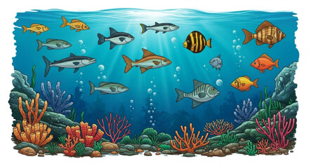 Underwater scene featuring various species of fish swimming amidst coral reefs and sunlight beams