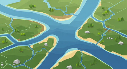 Illustration of a landscape with a large river branching into multiple streams and green land areas © Zahid