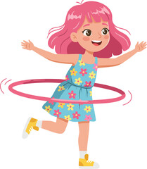 Cheerful Cartoon Girl Spinning Hula Hoop Exercise Activity Illustration