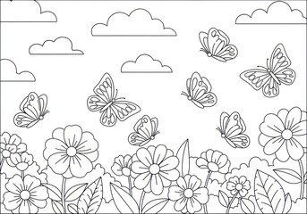 Butterfly Garden Coloring Page with Flowers and Clouds.
