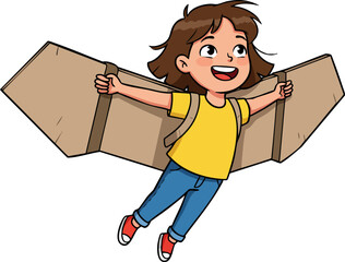 Cartoon Joyful Girl with Cardboard Wings Flying Adventure Illustration