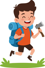Cartoon Style Smiling Boy Hiker With Backpack and Axe Illustration